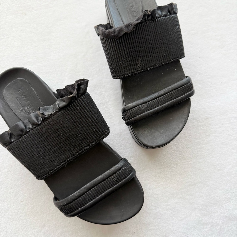 Twin-Set Simona Barbieri Black Leather & Grosgrain Ruffle Slides Made in Italy